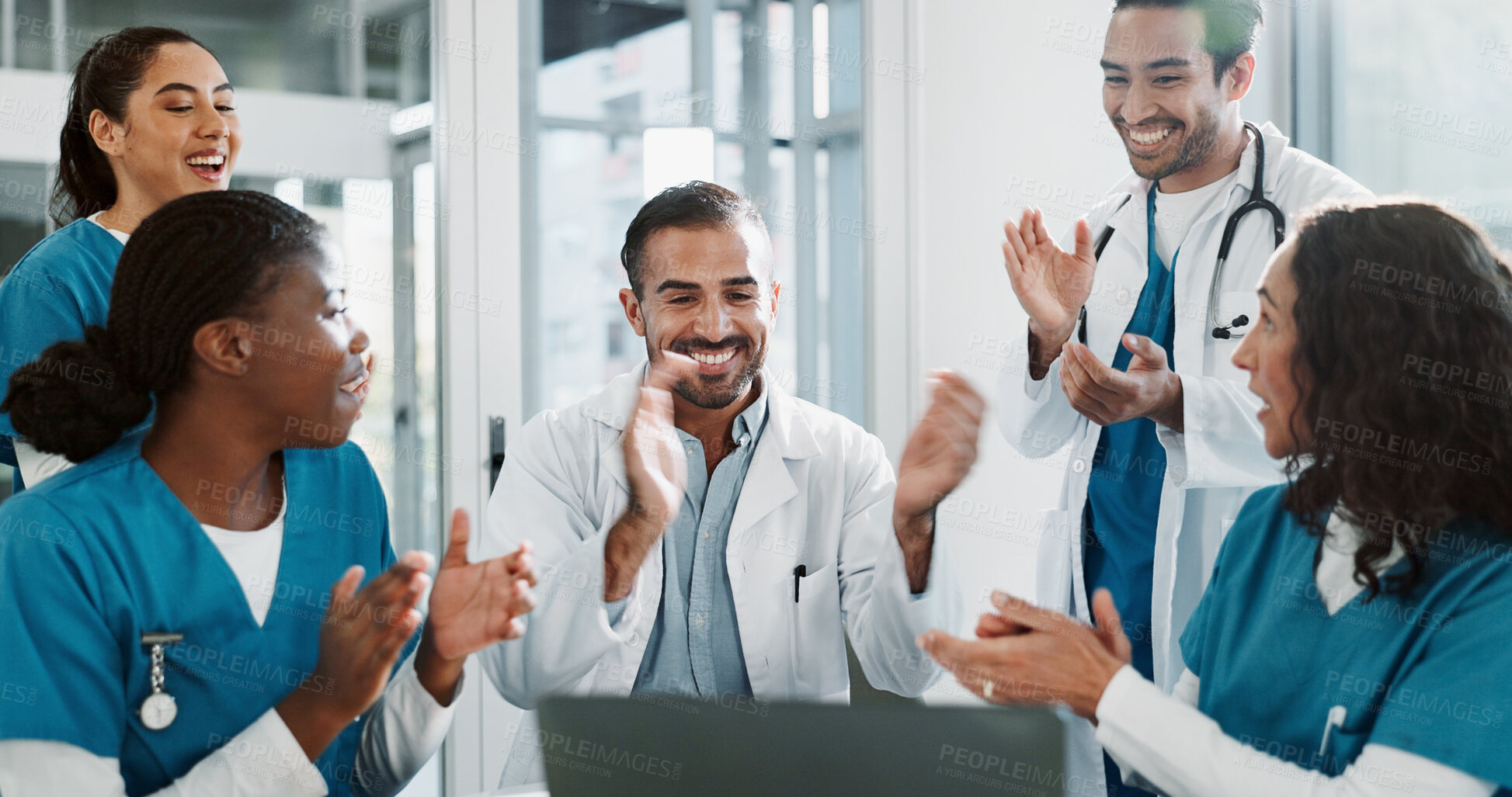 Buy stock photo Group, doctor and laptop with applause in hospital for medical success, celebration and promotion news. Happy, people and clapping with online email, healthcare winner and  congratulations on funding