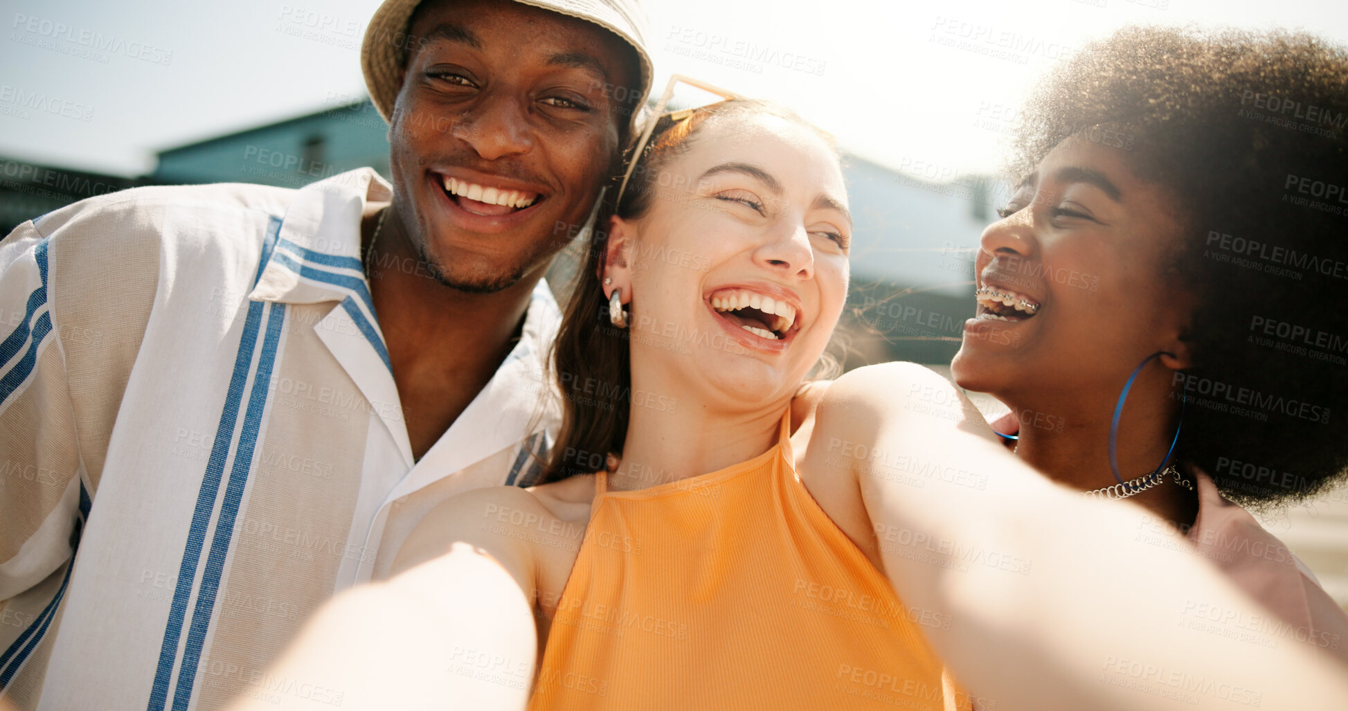 Buy stock photo Outdoor, friends and happy on selfie with fashion for social media, post or profile picture in New York. People, gen z and smile or laughing with street style, swag and clothes for bonding or support