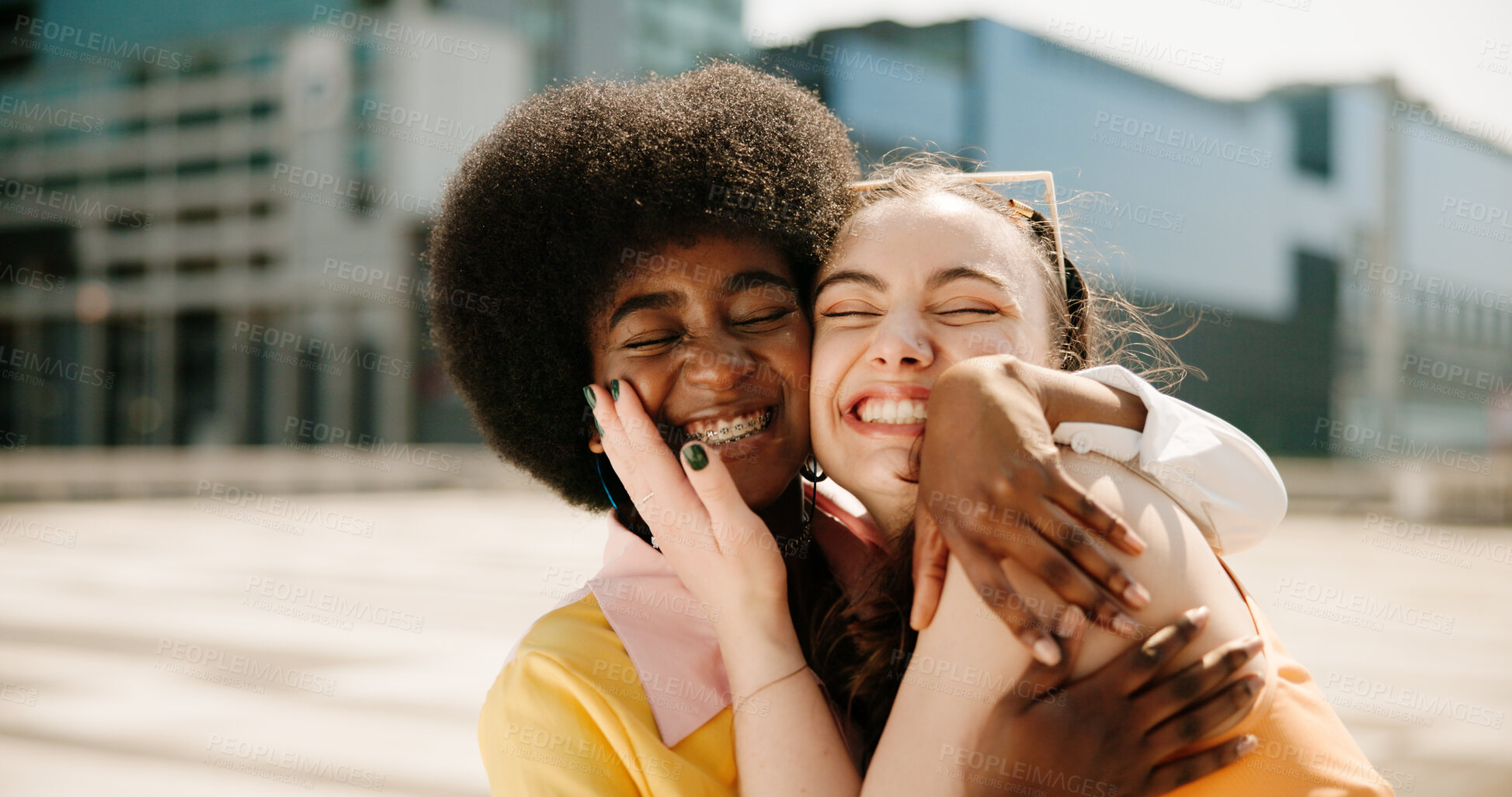 Buy stock photo Friends, hug and fashion with people in city for youth, culture and identity. Support, community and cool with gen z friends in urban downtown for vacation, trends or streetwear style together
