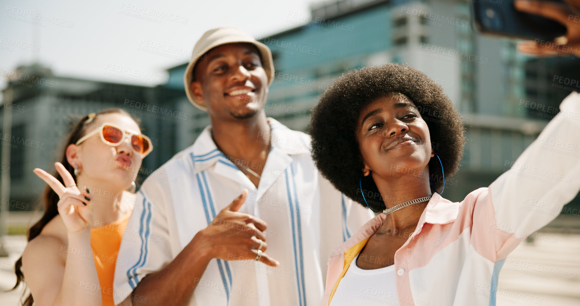 Buy stock photo Friends, selfie and diversity in city for social media, photography and holiday break with peace. Group of people, memory or profile picture outdoor for travel, fashion and gen z with style in town