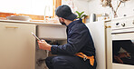 Plumber, house and handyman with clipboard, quality control and service with expert. Employee, contractor and repair with checklist, inspection or maintenance with industry, home renovation or skills