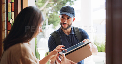 Buy stock photo Delivery man, woman and happy to sign on tablet for package at front door for online shopping. People, employee and customer with digital signature for courier service, parcel and agreement at home