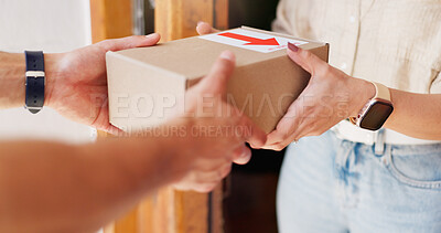 Buy stock photo Delivery man, woman and hands with box in home for online shopping order, parcel distribution and safe cargo. Logistics, supply chain or customer with courier service at front door for ecommerce sale