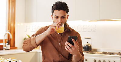 Buy stock photo House, typing and man with smartphone, juice and internet with social media, connection and texting. Nutrition, person and guy with cellphone, online reading for news and message to contact and app