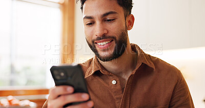 Buy stock photo House, typing and man with smartphone, smile and internet with social media, connection and texting. Apartment, person and guy with cellphone, online reading for news and message to contact and app