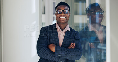 Buy stock photo Arms crossed, glasses and portrait with business black man at window in office for confidence or professionalism. Ambition, mission and smile with happy corporate employee in workplace for career