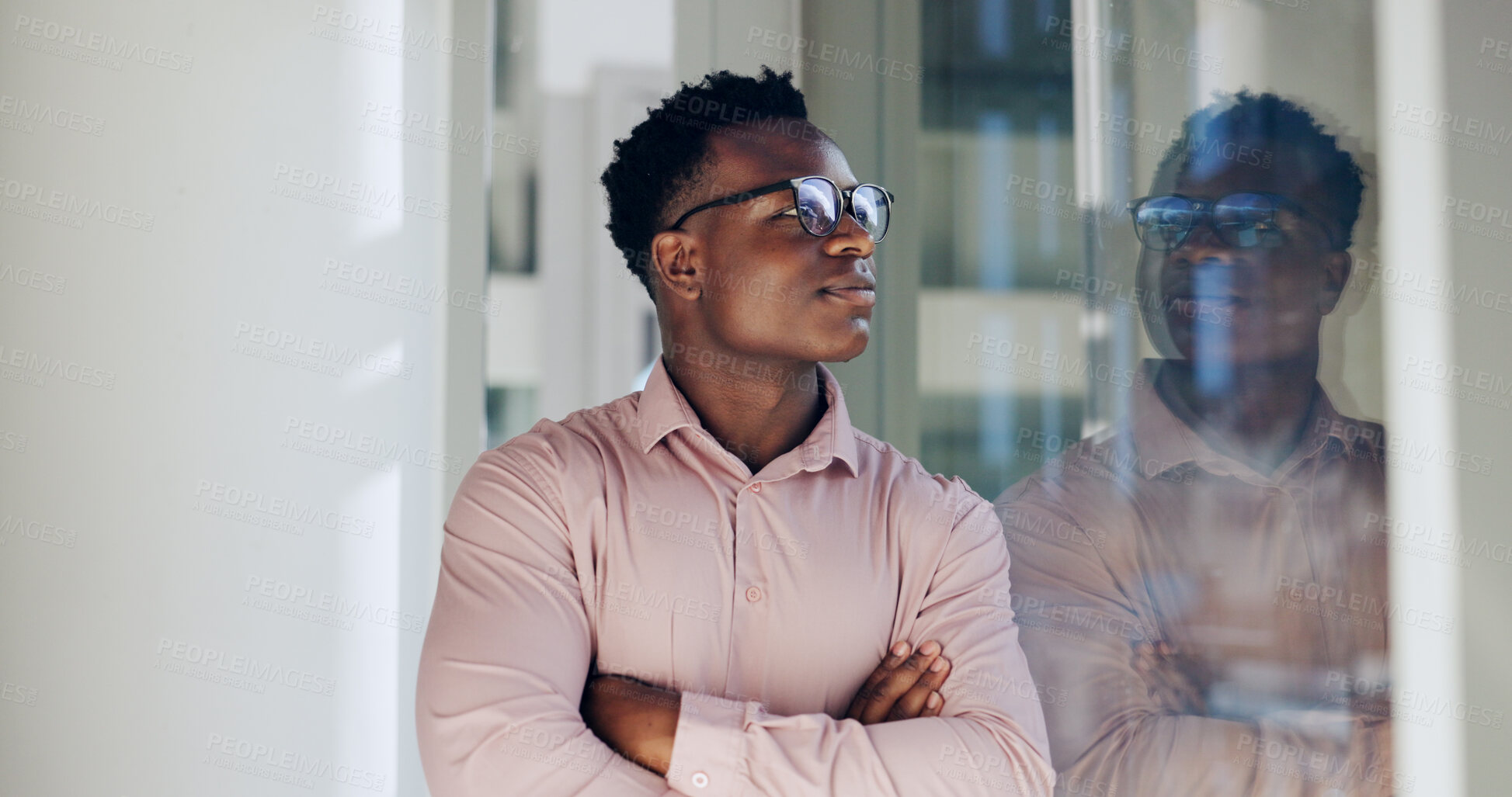 Buy stock photo Arms crossed, thinking and window with business black man in office for future, idea or planning. Glass, growth and vision with confident employee in professional workplace for mission or strategy