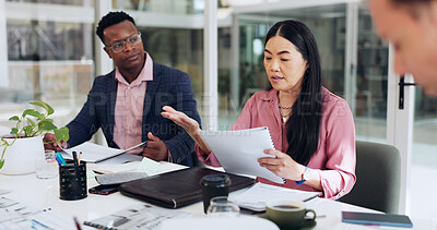 Buy stock photo Conversation, documents and business people in meeting, planning and brainstorming for project. Employees, consultant and coworkers in modern office, paperwork and information for proposal and ideas