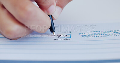 Buy stock photo Hands, contract and person with signature in office for onboarding document for new job. Paperwork, closeup and hiring candidate writing for recruitment with legal agreement for employment compliance