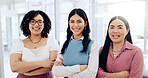 Portrait, confident and women with arms crossed, office and  happy in creative agency and collaboration. Teamwork, proud and people in public relations, colleagues and professional in Philippines