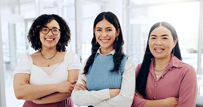 Buy stock photo Portrait, confident and women with arms crossed, office and happy in creative business and collaboration. Teamwork, proud and people in public relations, colleagues and professional in media agency