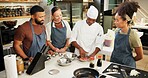 Cooking, class and chef in kitchen with meat preparation, teaching gourmet meal recipe or learning. Culinary course, people or mentor with lesson on food education or cuisine knowledge in hospitality