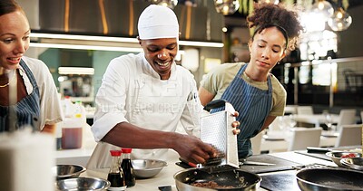 Buy stock photo Cooking, class and chef in kitchen with women for meal preparation, teaching gourmet recipe and learning skills. Culinary course, students or mentor with lesson on food education or cuisine knowledge