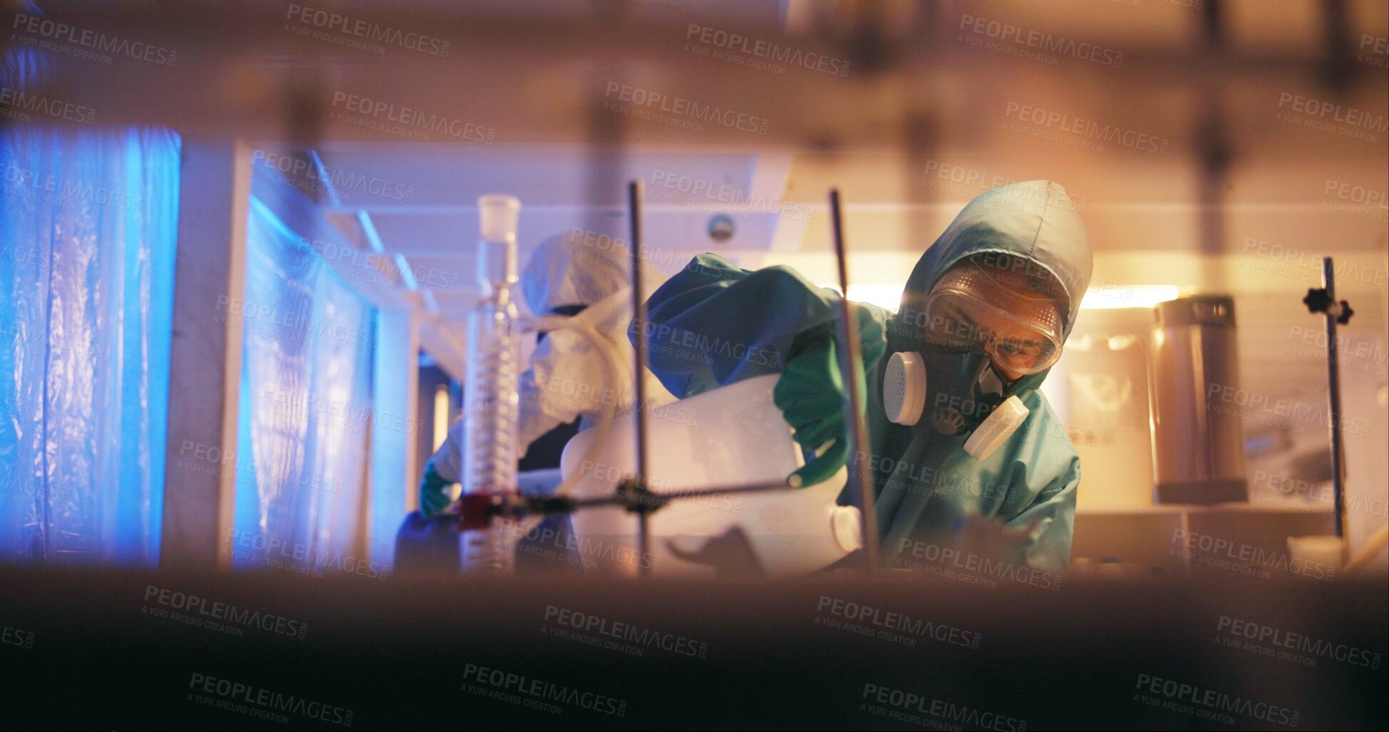 Buy stock photo Drugs, person and gas mask with liquid chemicals for production of illegal substances, narcotics or crystal meth. Basement, hazmat or bottle with compound mixture for cooking cocaine or manufacturing