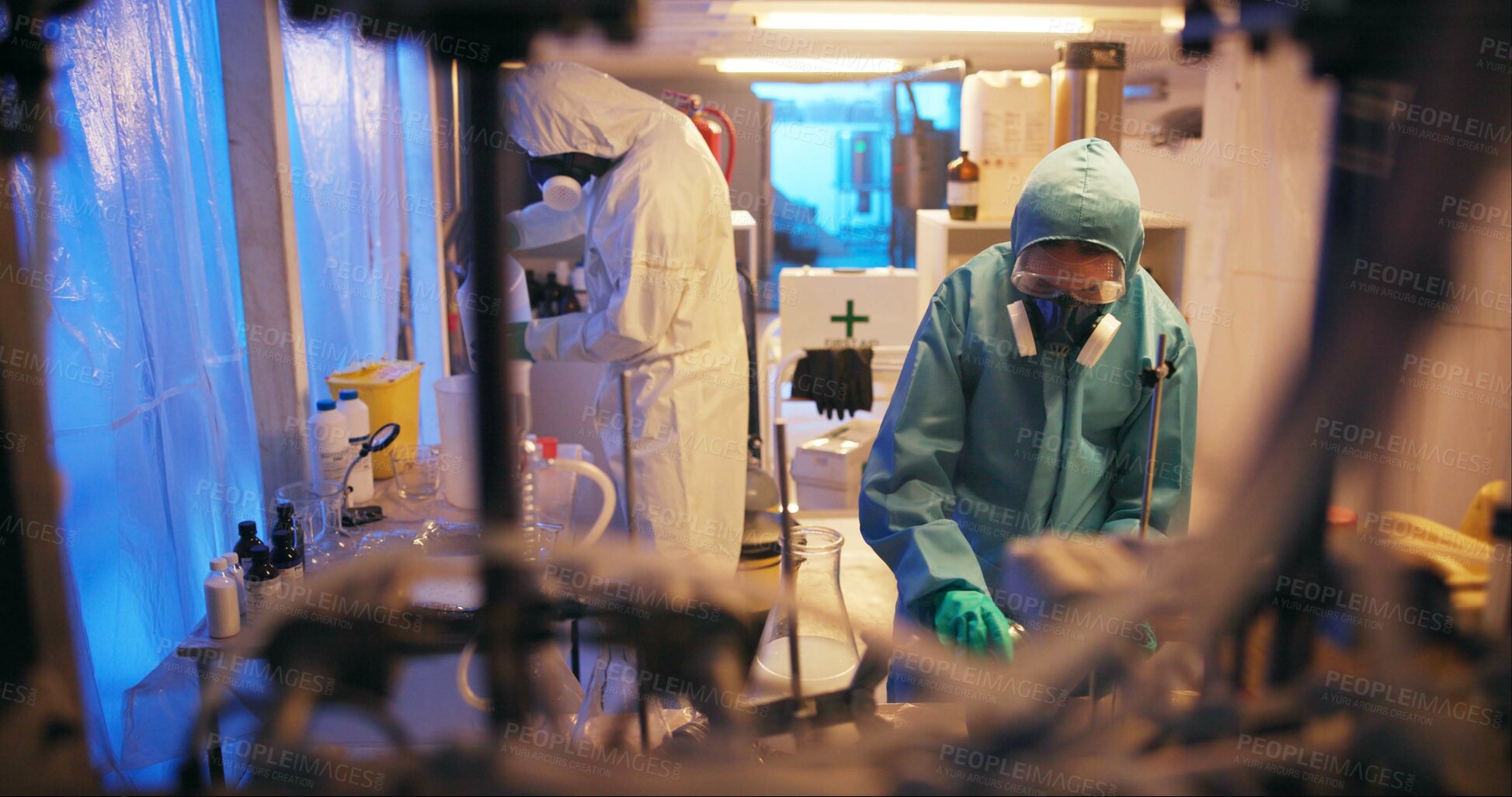 Buy stock photo Drugs, people and gas mask with chemicals for cooking of illegal substances, narcotics and crystal meth. Basement lab, hazmat and bottle with compound mixture for cocaine production and manufacturing