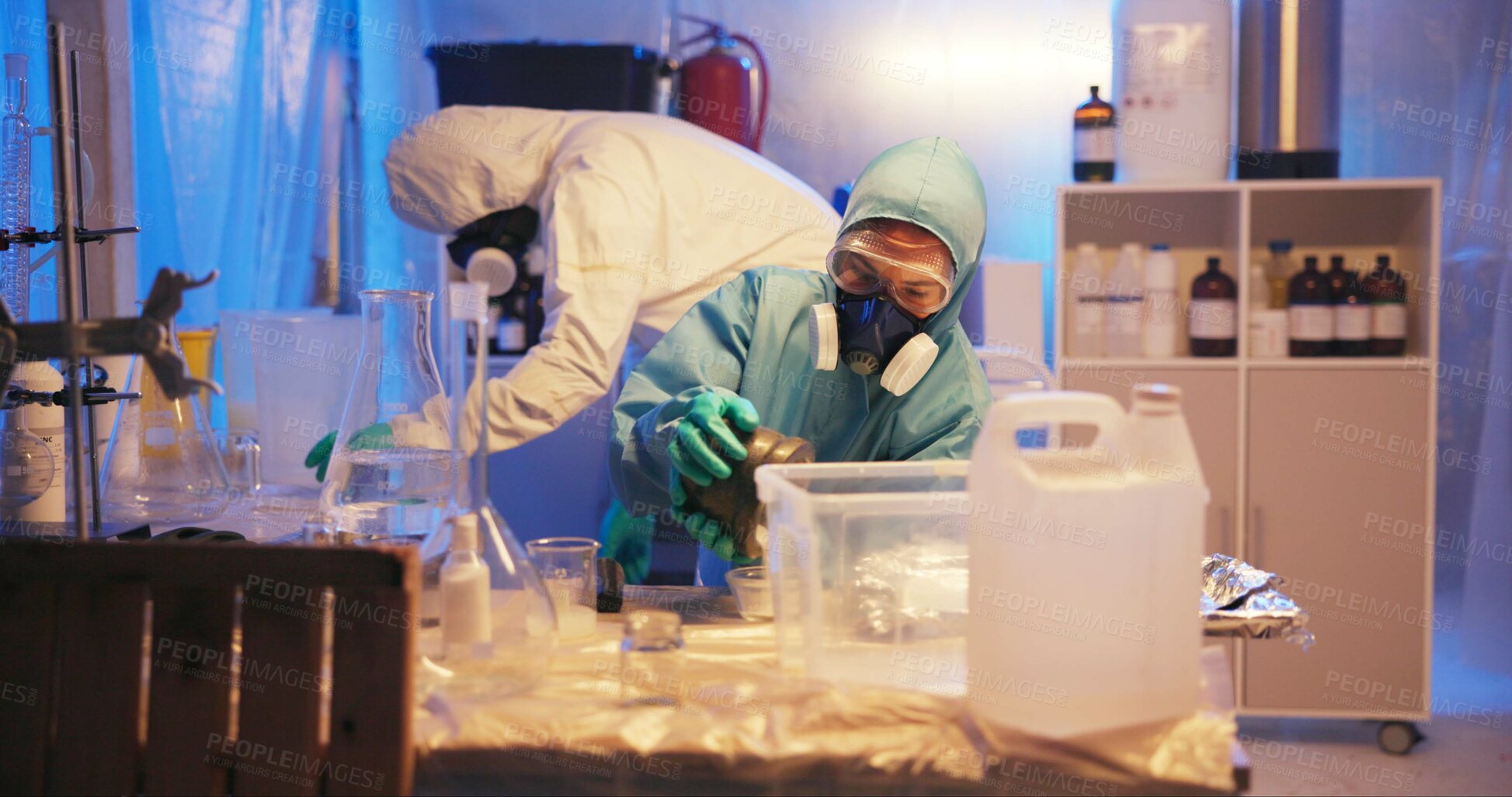 Buy stock photo Drugs, people and hazmat with chemicals for production of illegal substances, powder and crystal meth. Teamwork, gas mask and bottle with compound mixture for cooking cocaine and manufacturing in lab