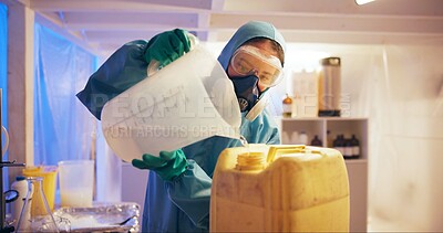 Buy stock photo Person, liquid and drugs at illegal lab for production, jug and bottle with gas mask, hazard or night. Underground factory, plant and ppe for process, fluid or narcotic manufacturing for distribution