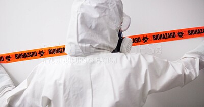 Buy stock photo Person, crime and biohazard with tape, investigation and gas mask for hazard, fumes or danger by wall. Police, ppe and barrier for quarantine, safety and warming sign for chemical terrorism attack