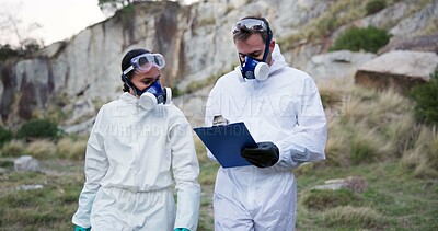 Buy stock photo Outdoor, forensic scientist and investigation for clues, team and reading of report, nature and analysis. Crime scene, professional and people with clipboard, inspection and detective for mystery