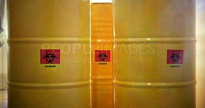 Buy stock photo Toxic, barrel and container with pollution, dangerous goods and biohazard in bin, science and disposal. Radiation, risk and sign for contamination, warning and infection control in lab and symbol