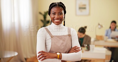 Buy stock photo Office, woman and portrait with arms crossed for professional career, internship or creative agency. Ambition, female person or happy intern with confidence for startup, business opportunity or pride