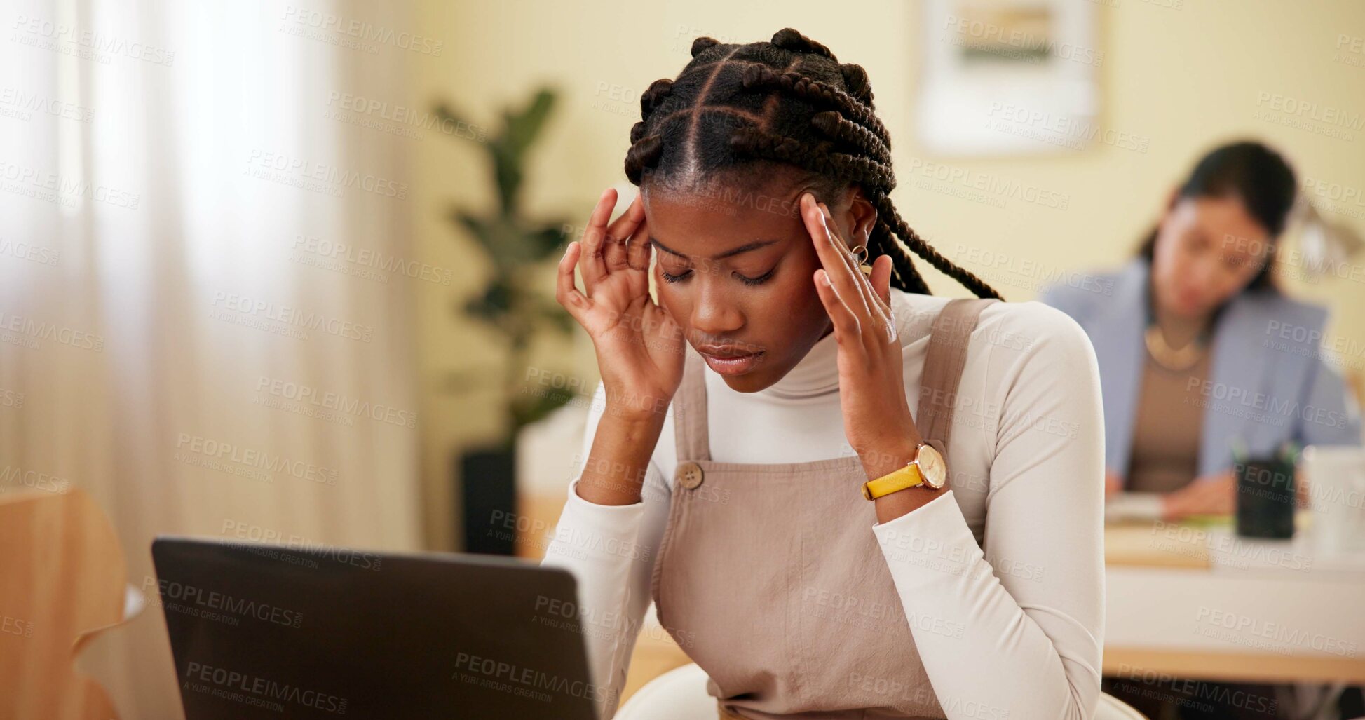 Buy stock photo Business woman, laptop and headache for research, networking and communication with stress in office. Employee, technology and tired in workplace for mental health, brainstorming and writing article