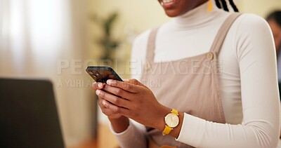 Buy stock photo Office, hands and person with smartphone with connection, networking and reading email from client. Closeup, woman and consultant with cellphone with mobile app for text message, check date or online