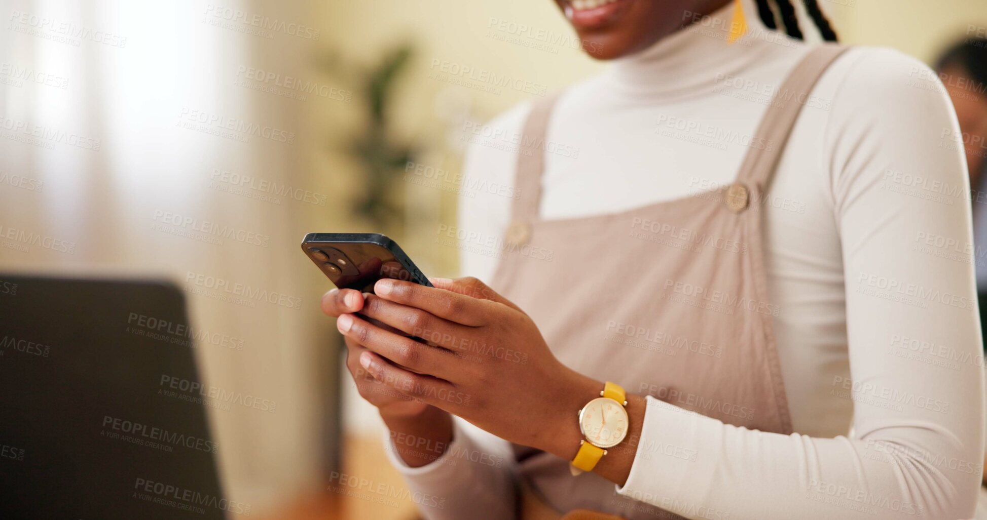 Buy stock photo Office, hands and person with smartphone with connection, networking and reading email from client. Closeup, woman and consultant with cellphone with mobile app for text message, check date or online