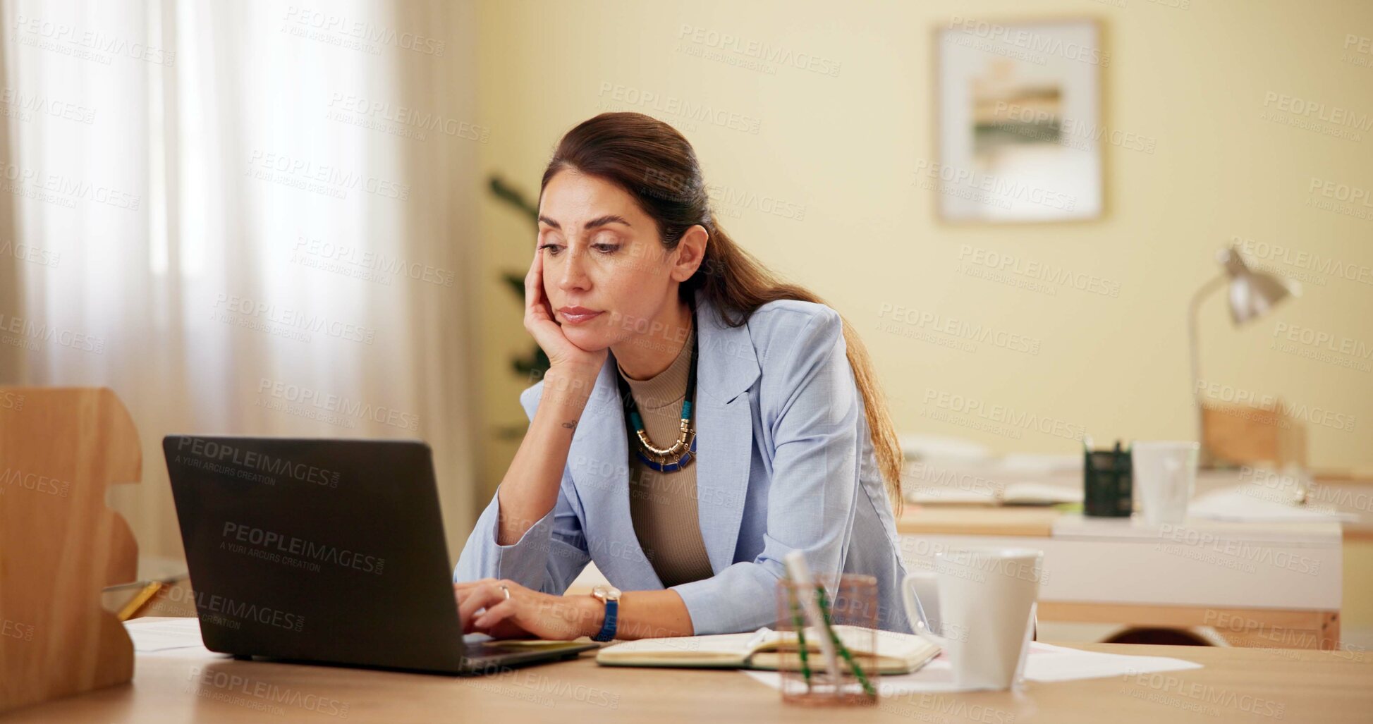 Buy stock photo Business, tired and woman with laptop, burnout and overworked with depression, anxiety and mistake. Person, employee and consultant at desk, headache or online reading with deadline, glitch or stress