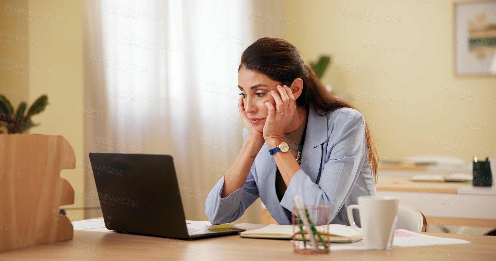 Buy stock photo Business, tired and woman with laptop, stress and slow internet with depression, anxiety and mistake. Person, employee and consultant at desk, headache and online reading with deadline and overworked