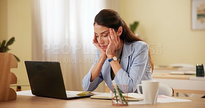 Buy stock photo Business, tired and woman with laptop, headache and overworked with depression, anxiety and mistake. Person, employee and consultant at desk, migraine and pressure with deadline, burnout and stress