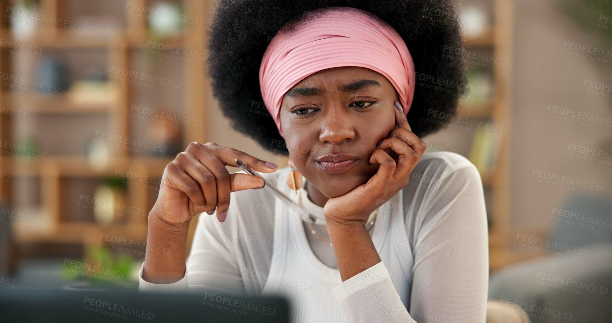 Buy stock photo Doubt, education and laptop with black woman student in home study for online class or remote learning. Computer, confused and problem solving with person thinking in apartment for development