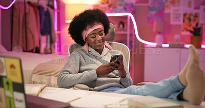 Buy stock photo Night, phone and relax with black woman in bedroom for social media, study break and online portal. Education, streaming and elearning with girl and mobile at home for university, school or network
