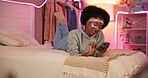 Girl, under eye patches or phone on bed in home for social media scroll, night skincare or streaming service. Gen z, happy black person or beauty with smartphone in bedroom for watching online videos