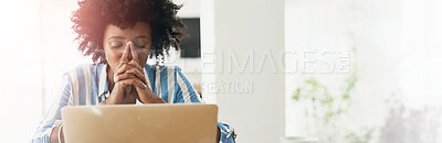 Buy stock photo Cropped shot of a young woman looking stressed out while working on her laptop at home