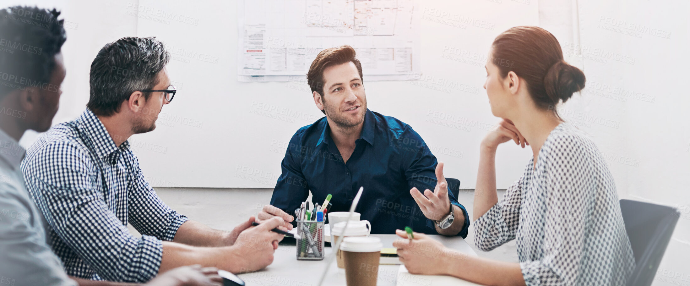 Buy stock photo Architecture, man and talk in meeting for idea, proposal and project management at blueprint. Lead designer, pitch and team in office for brainstorming, discussion and strategy for urban development