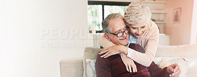 Buy stock photo Senior couple, paperwork and hug in home with love, marriage and romance for husband and woman in lounge. Sofa, calculator and maths for bills with document, retirement fund or trust for happy people