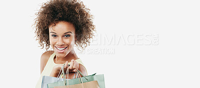 Buy stock photo Retail, portrait and deal or sale for black woman happy for a giveaway isolated against a studio white background. Excited, shopping and joyful female buyer or customer holding bags