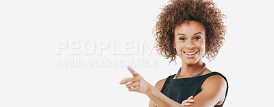 Buy stock photo Portrait, black woman and hand pointing to mockup in studio for advertising on white background. Face, finger and gesture by businesswoman for vision or marketing, idea and product placement isolated