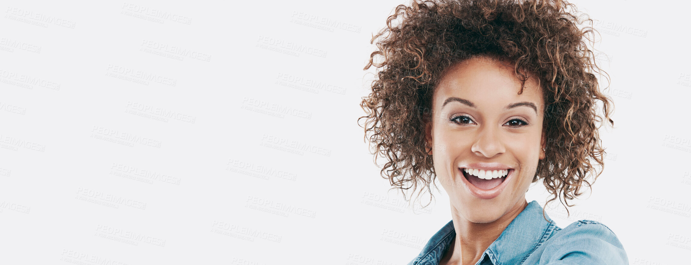 Buy stock photo Woman, happy and portrait in studio with mockup space, excited for marketing on white background. African person, smile and announcement for deal, retail sale and discount with pride in banner