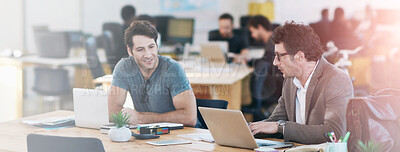 Buy stock photo Cheerful, businessmen, and laptop, team, together and working at office for company startup or project. Happy, colleagues and teamwork with computer or paperwork for research planning in workplace