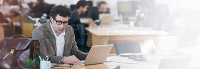 Buy stock photo Laptop, bookkeeper and man typing for sales in startup of business and corporate company. Workplace, staff and male person working with technology, online and internet in office with glasses