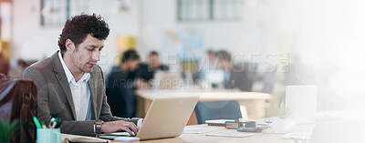 Buy stock photo Laptop, employee and man typing for sales in startup, business and corporate company. Workplace, bookkeeper and male person working with technology, online and internet in office with notebook