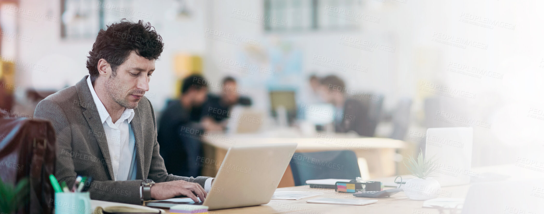 Buy stock photo Laptop, employee and man typing for sales in startup, business and corporate company. Workplace, bookkeeper and male person working with technology, online and internet in office with notebook