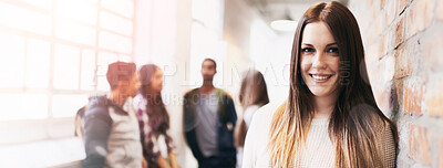 Buy stock photo University, college and portrait of woman by brick wall ready for education, class and learning in hallway. Scholarship, knowledge and happy face of female student for school, academy and campus