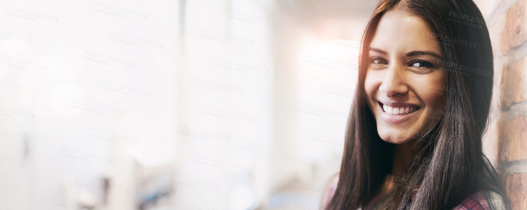 Buy stock photo University, education and portrait of woman on campus ready for studying, class and learning. Scholarship, happiness and face of female student in hallway with friends for school, academy and campus