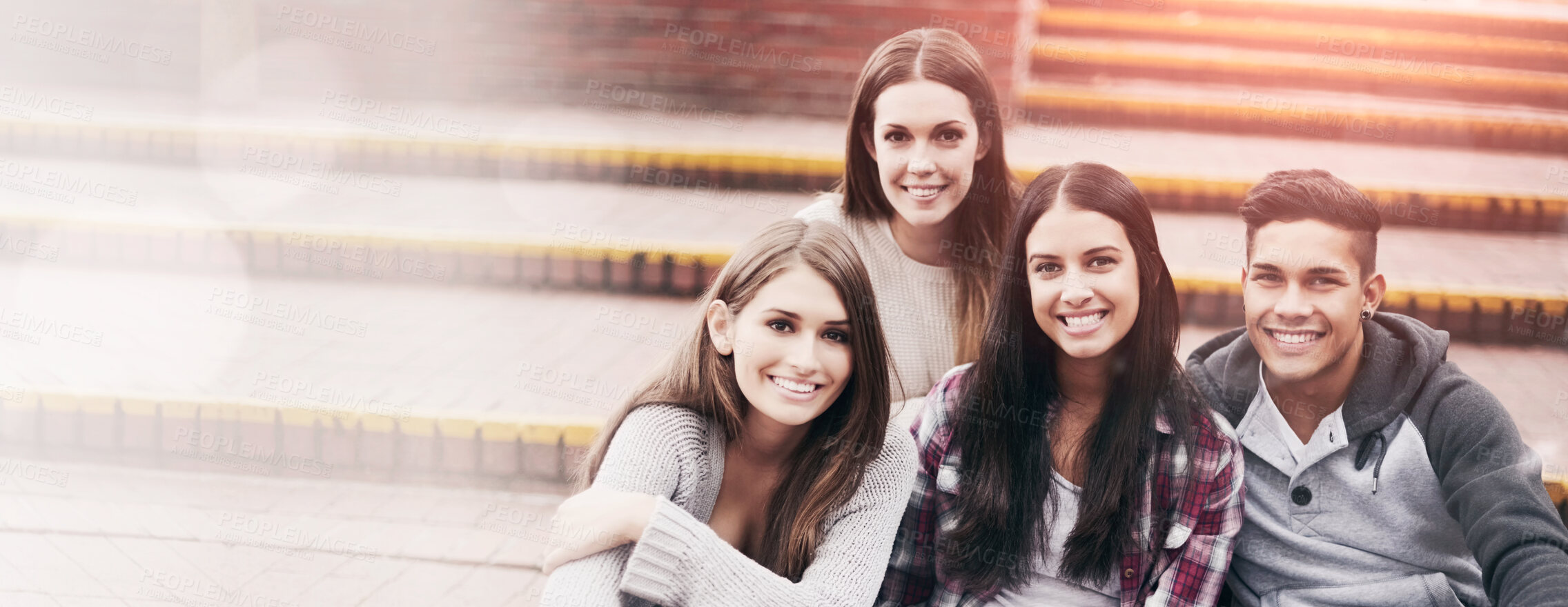 Buy stock photo Portrait of friends with laptop on campus steps, happiness and online education in college with diversity. Learning, studying and students at university with smile, internet and future opportunity.