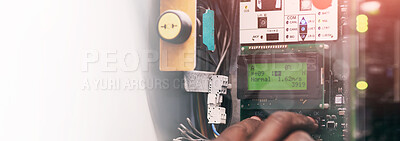 Buy stock photo Cropped shot of an unidentifiable man pressing a button on an electrical panel