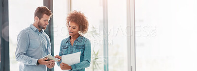 Buy stock photo Cropped shot of two colleagues  having a discussion in an office