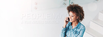 Buy stock photo Cropped shot of a young businesswoman talking on a cellphone in an office